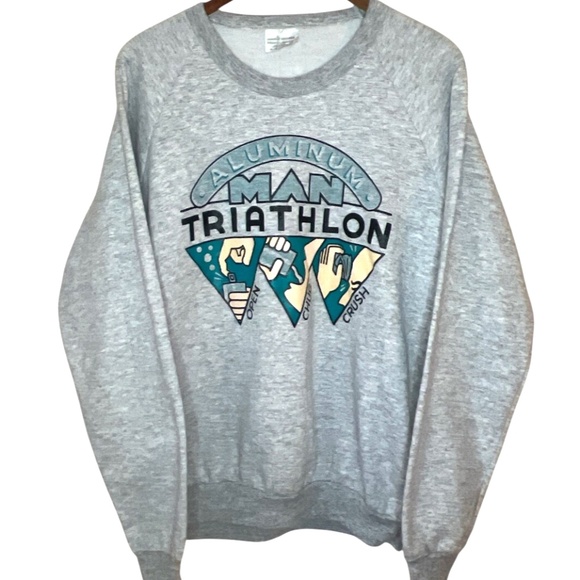 Vintage Aluminum Man Triathlon Open, Chug, Crush Drinking Grey Marle Sweatshirt - Picture 1 of 4